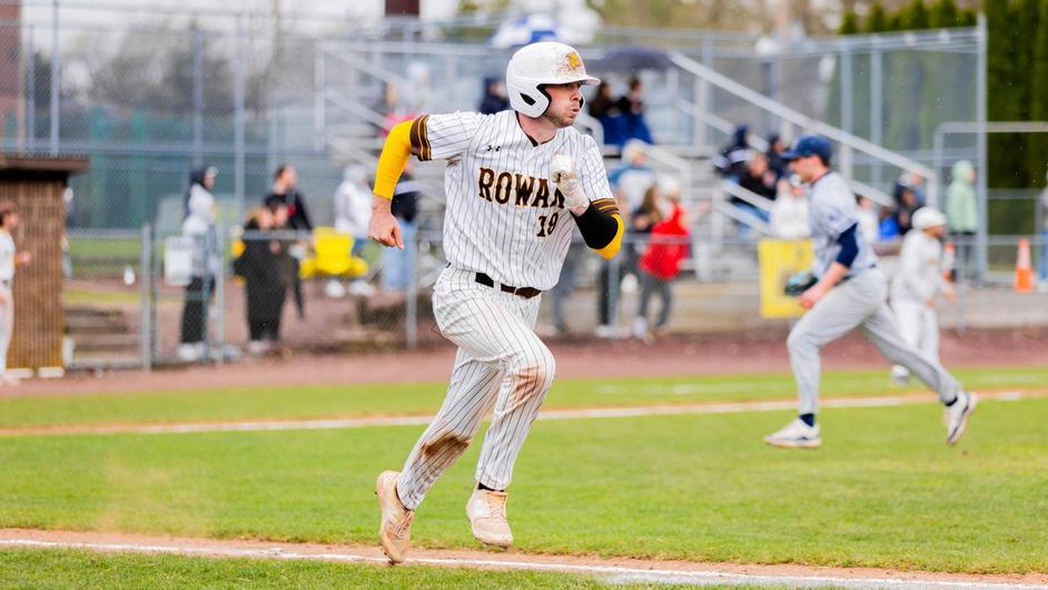 Karson Harcourt hustling down the line. The junior clubbed a huge two-run double in game two of the Profs' doubleheader on Saturday, March 30. - Photo via Rowan Athletics