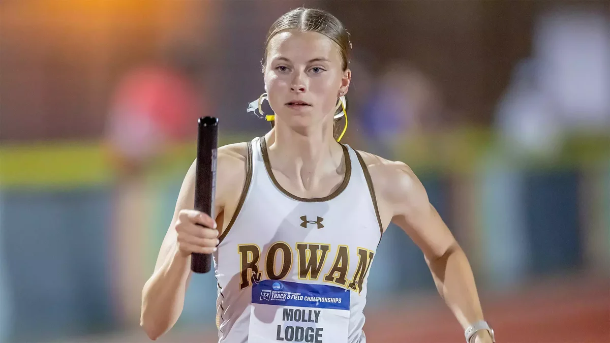 Molly Lodge competes in a race. Lodge was apart of the 4x100 relay team that took home first place. - Photo via Rowan Athletics