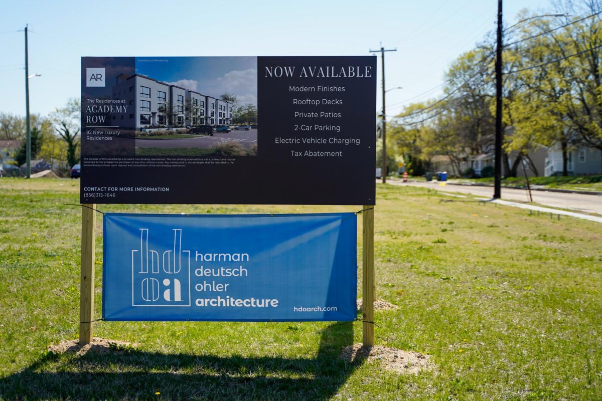 A sign on Academy Street on the apartment buildings under construction. Glassboro, NJ. Wednesday, April 9, 2025. - Photography Editor / Gavin Schweiger